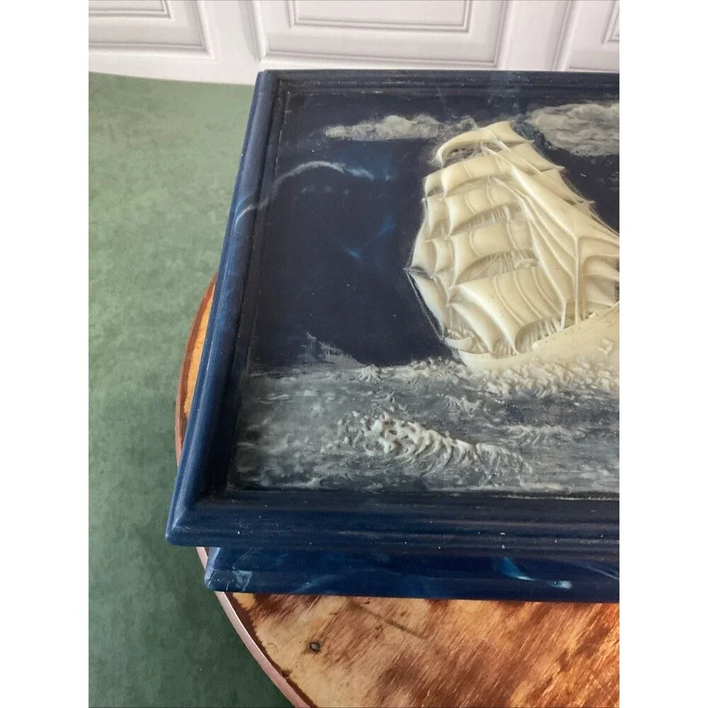 Vintage 1970’s Incolay Nautical Theme Jewelry Trinket Box Sailboat By JW ROBERTS